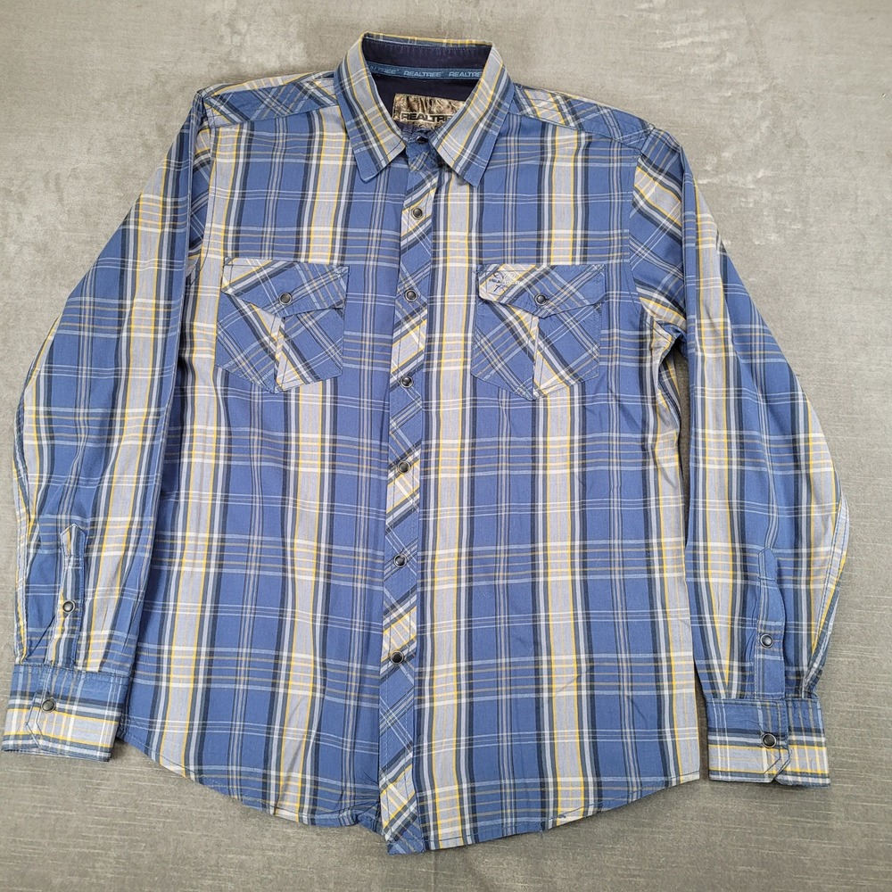 Realtree Mens Medium Blue Yellow‎ Plaid Pearl Snap Long Sleeve Western Shirt
